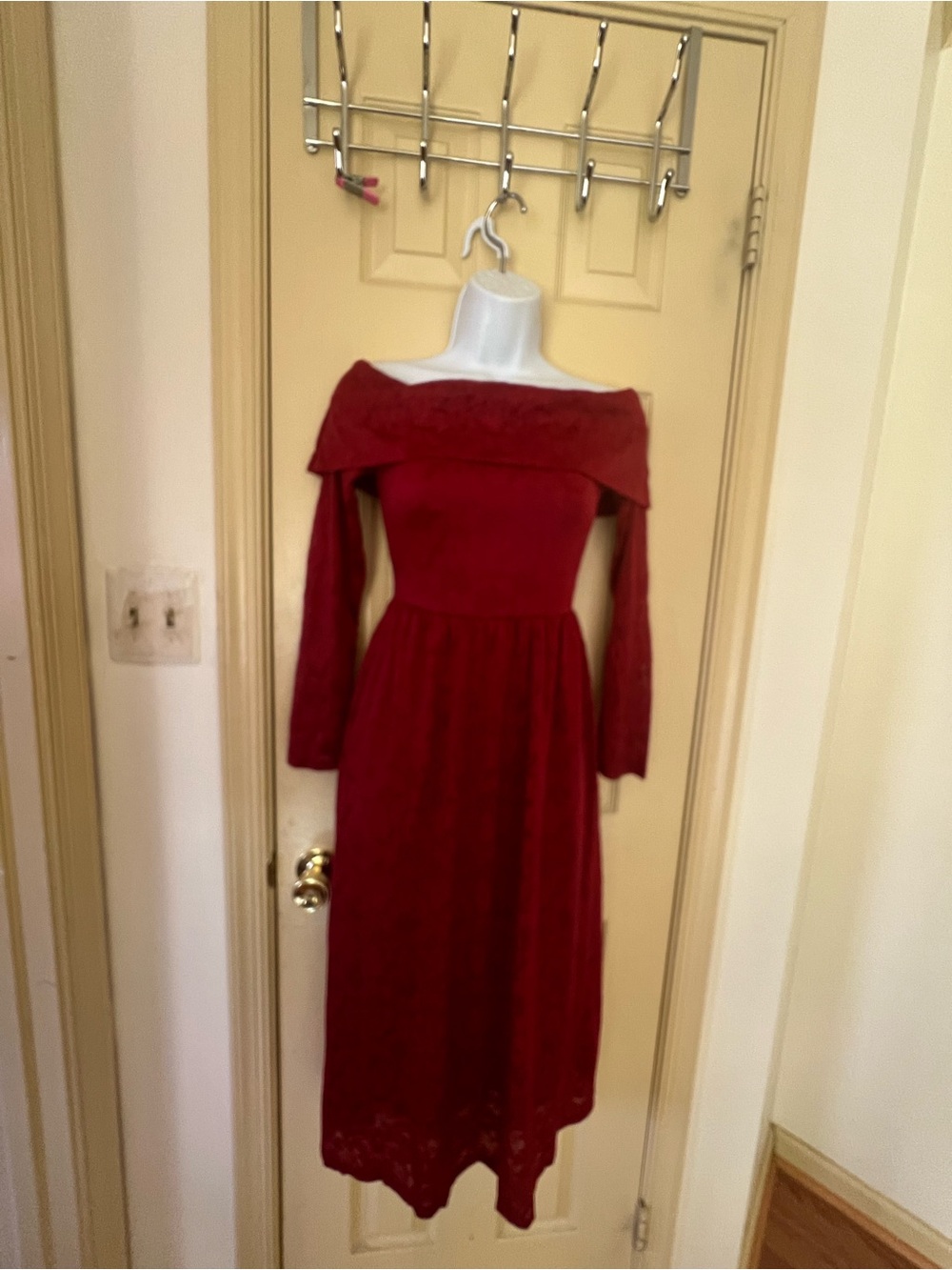 Off-the-Shoulder Burgundy Long-Sleeve Lace Midi Dress